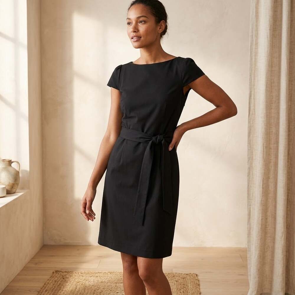 Theory black wool short sleeve tie front dress side zip LBD classic chic size 10